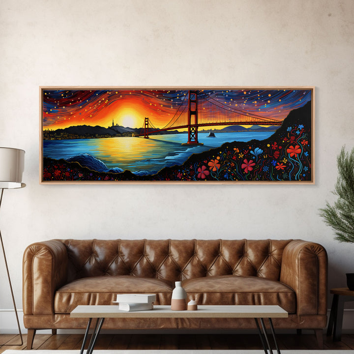 Golden Gate Bridge Abstract Panoramic Framed Canvas Print, Van Gogh Inspired Original Painting, Colorful California Wall Art