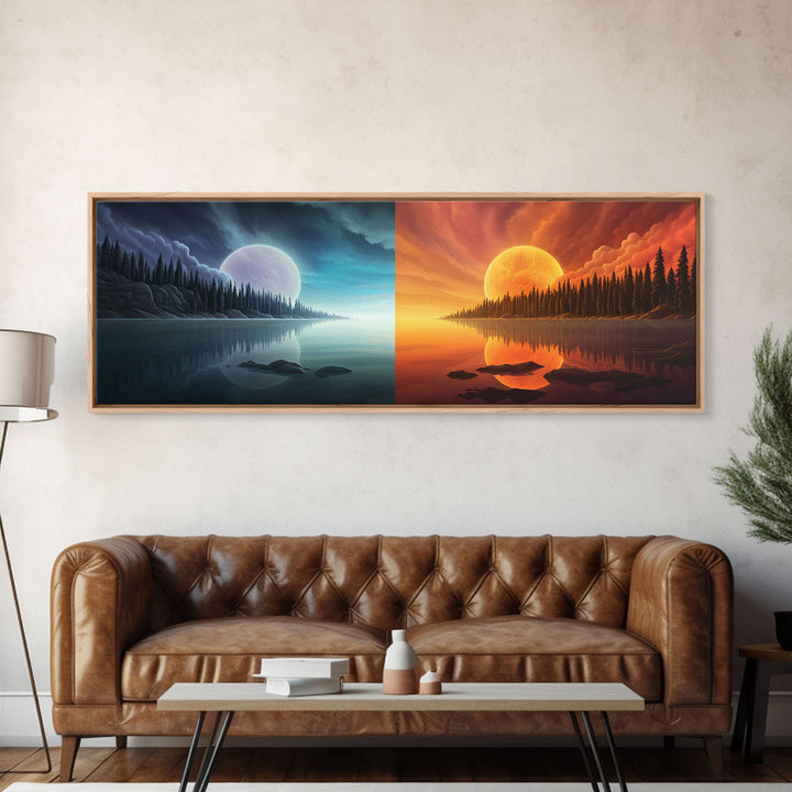 Night and Day Mirror Image Wall Art, Cool Reflection Wall Art, Framed Canvas Print, Pop Art, Minimalist Modern Art Landscape