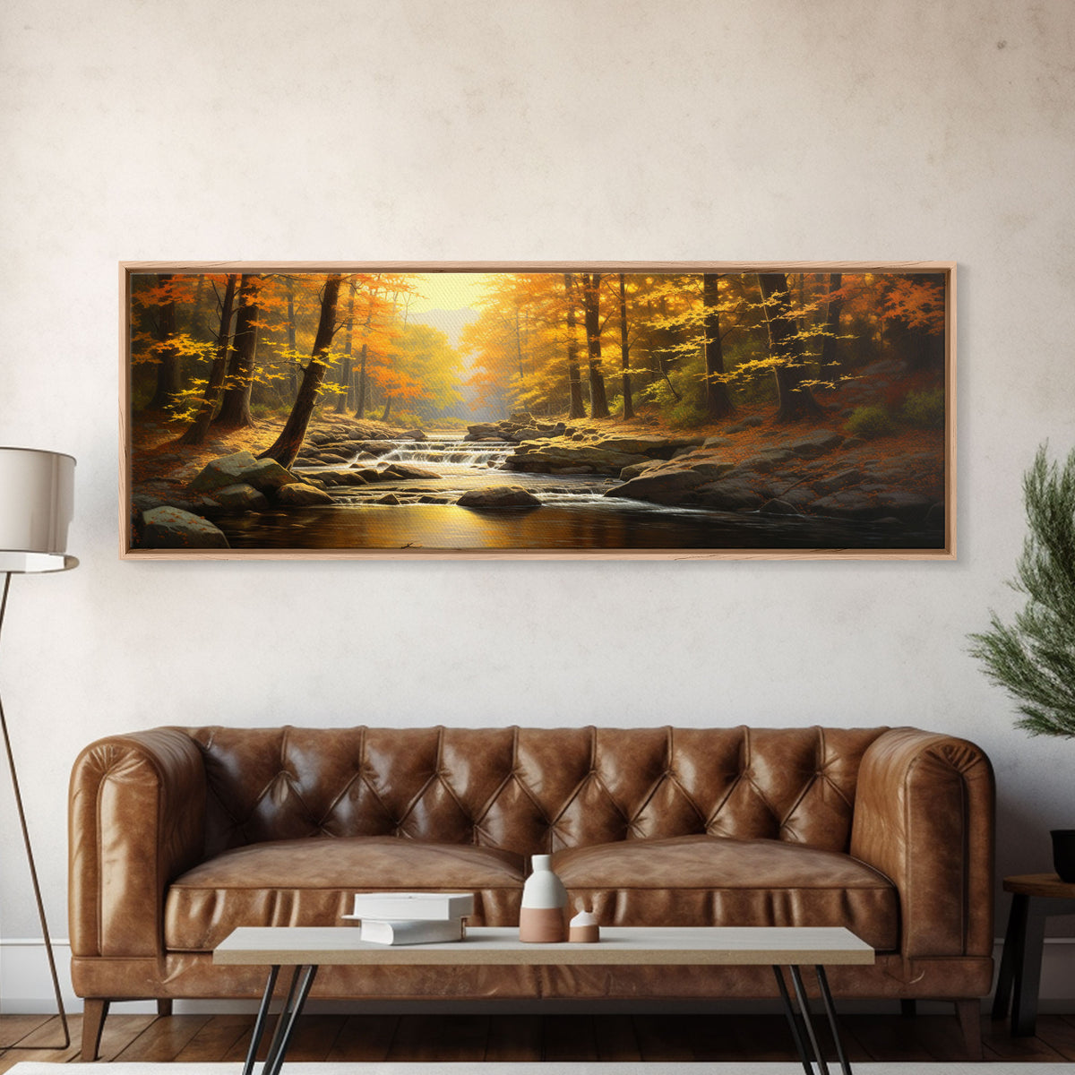 Watercolor Of An Autumn Stream, Framed Canvas Print, Watercolor Landscape Painting, Fall Centerpiece Art, Wall Decor