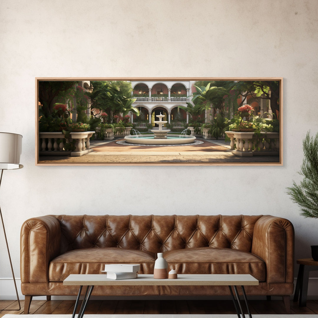 The Court Yard With The Marble Fountain, Framed Canvas Print, Watercolor Painting Framed Wall Art