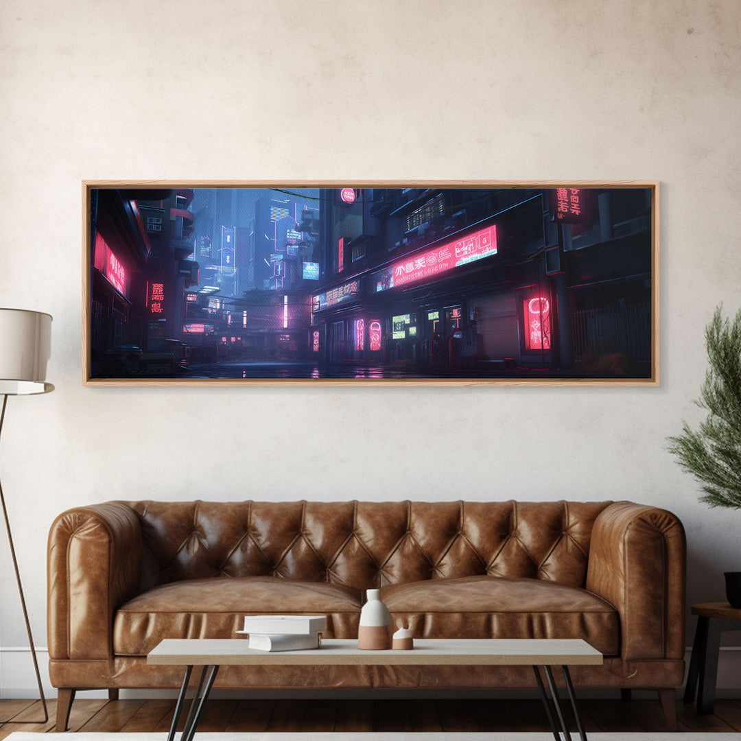 Neon Tokyo Streets, Futuristic Cyberpunk Cityscape Painting Framed Canvas Print, Game Room Decor, Framed Wall Art