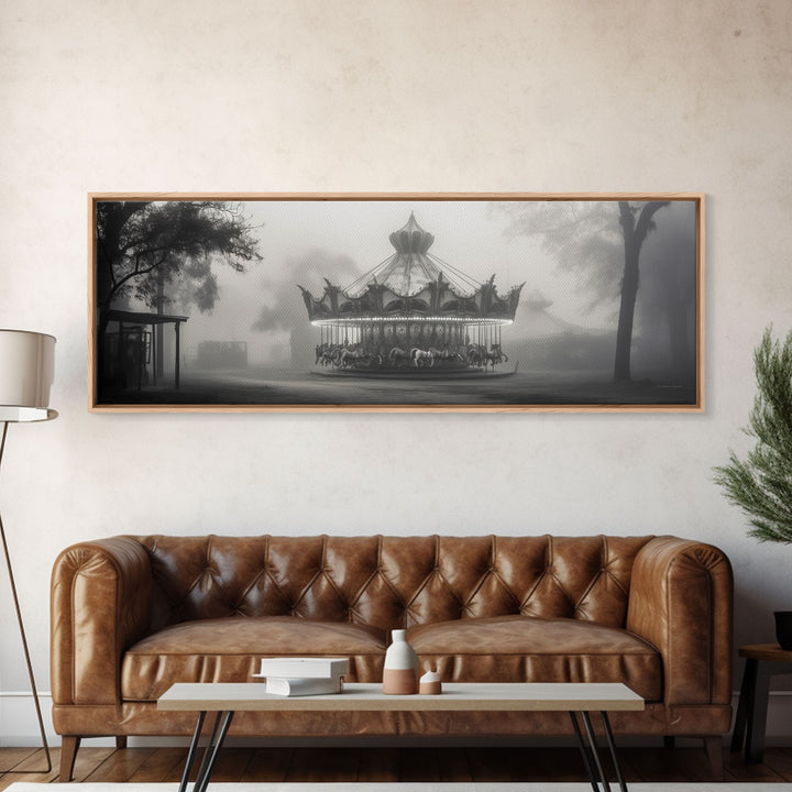 Creepy Carousel / Merry Go Round Wall Art, Framed Canvas Print, Black And White Art