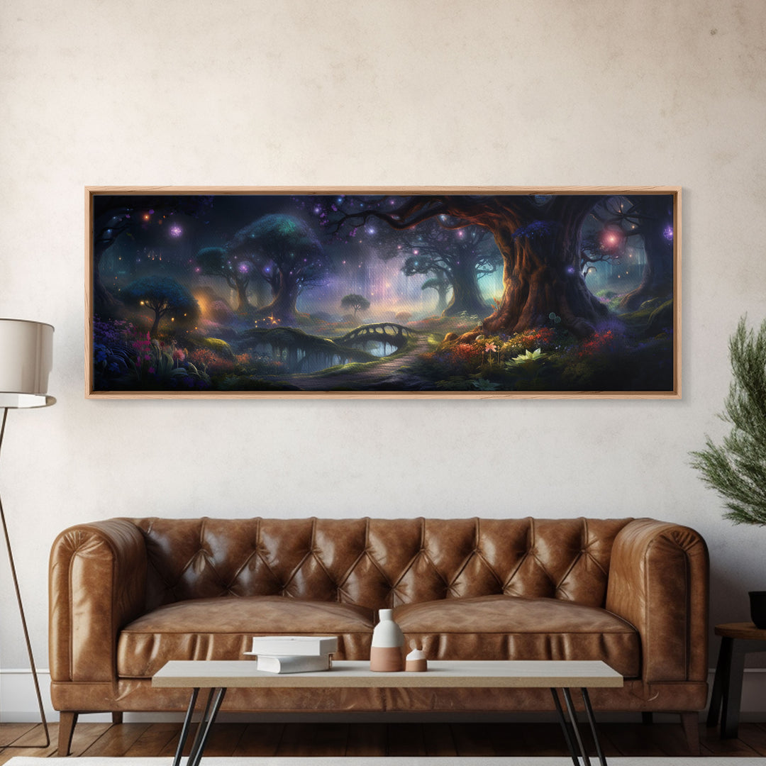 Spiritual Fantasy Forest Wall Art Print, Lanterns and Glowing Trees and Rivers, Fantasy Painting, Living Room Wall Art