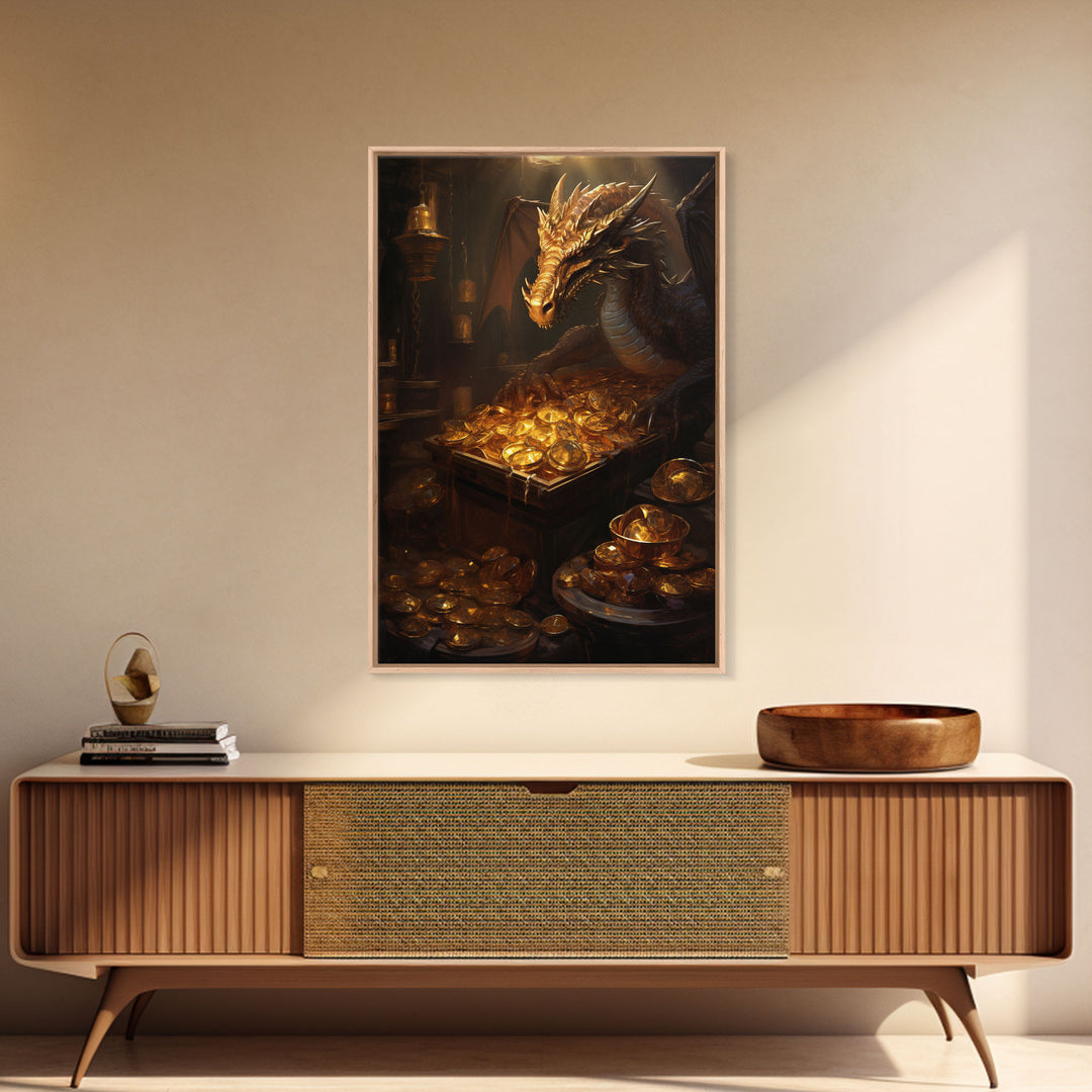 Dragon Art, Fantasy Art, Treasure Chest, Canvas Print, Wall Hanging, Portrait Art, Video Game Art, Nerdy Home Decor, Gift For Friend