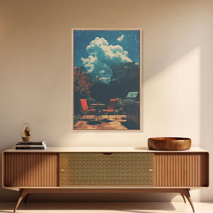Back Yard Chillin', Summer Vibes, Framed Canvas Print, Retro Midcentury Modern BBQ Art, BBQ During An Eclipse, Liminal Art, Minimalist MCM