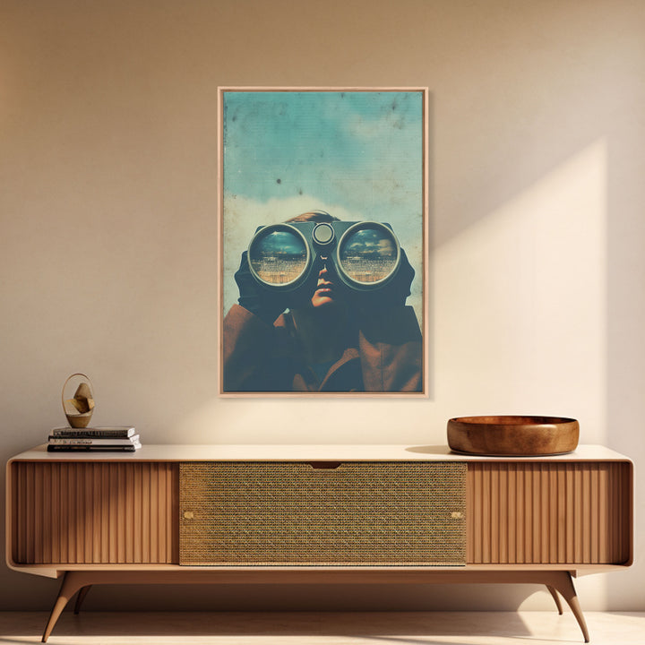 The Spy, Atomic Age Binoculars, Framed Canvas Print, Vaporwave Photography Print, Retro / Minimalist Wall Art