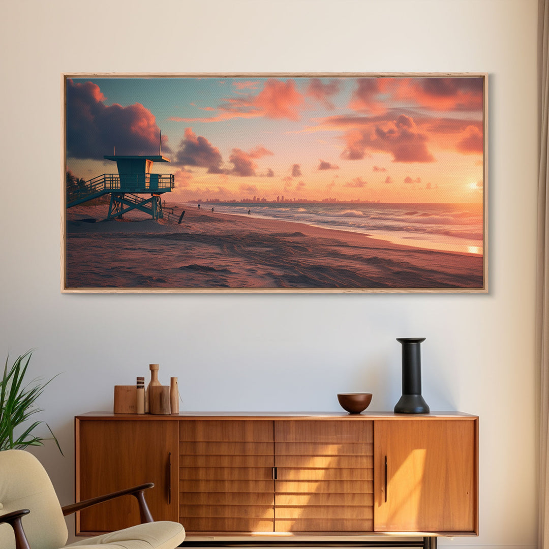 Beach At Sunset Vaporwave Decor, Nautical Framed Canvas Print, Eclectic Retro Wall Art, 1980s Vibes Decor, Vintage Photography, Liminal Art
