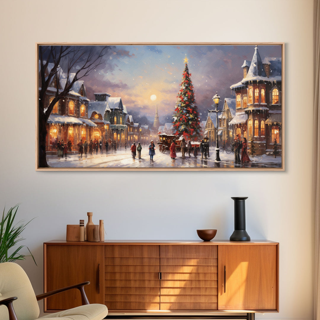 Christmas Tree In The Town Square - Winter Art - Christmas Gift Idea - Framed Canvas Print - Winter Wall Decor, Winter Print Christmas Decor