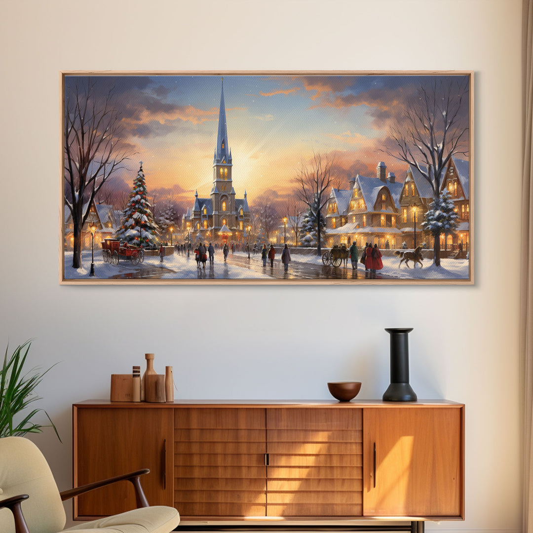 Christmas Centerpiece Wall Art - Framed Canvas Print - Winter Wonderland Victorian Village Decorated for Christmas Canvas Wall Art - Vintage