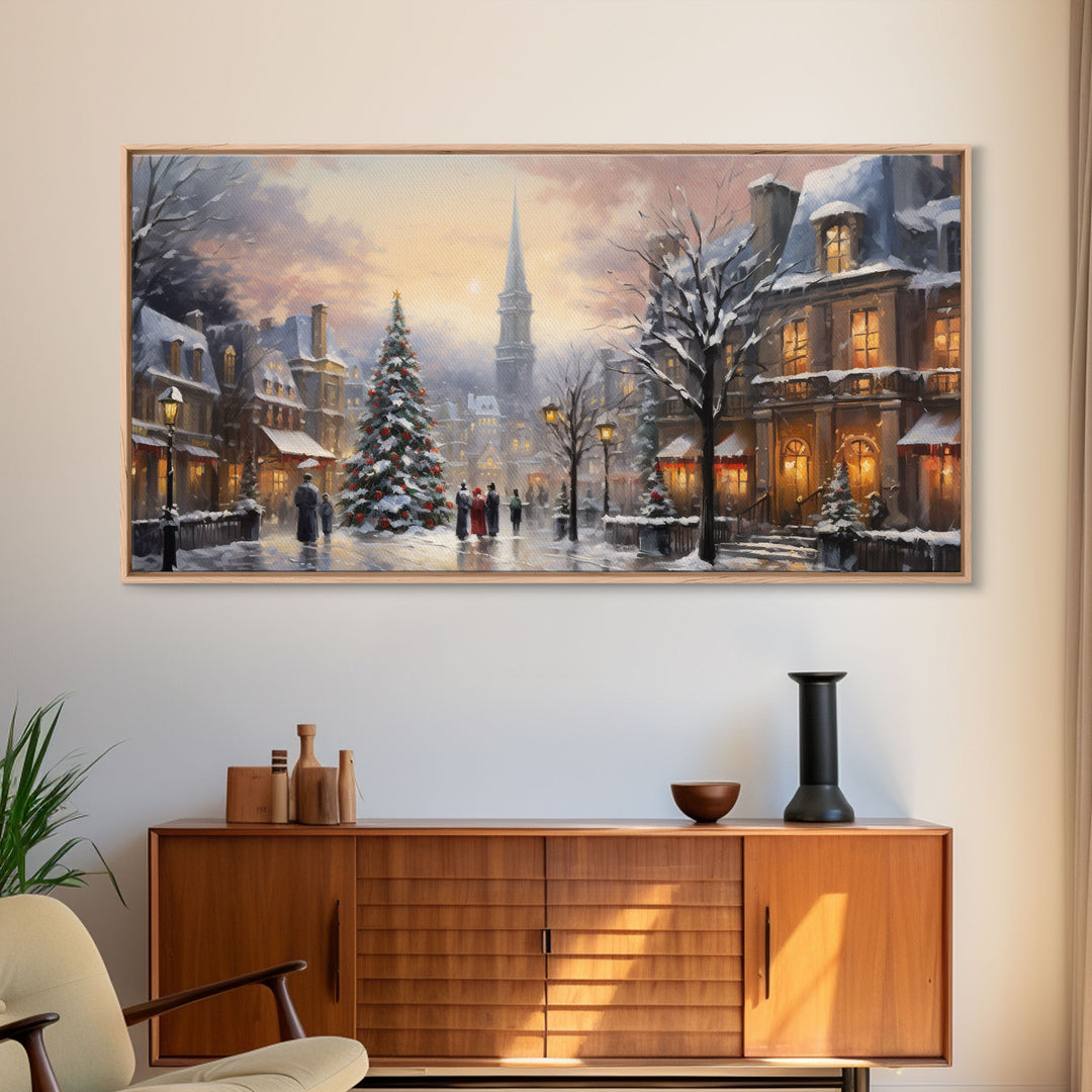 Christmas Village Winter Wonderland Canvas Print, Framed Wall Art, Christmas Decor, Retro Christmas Oil Painting, Christmas Art