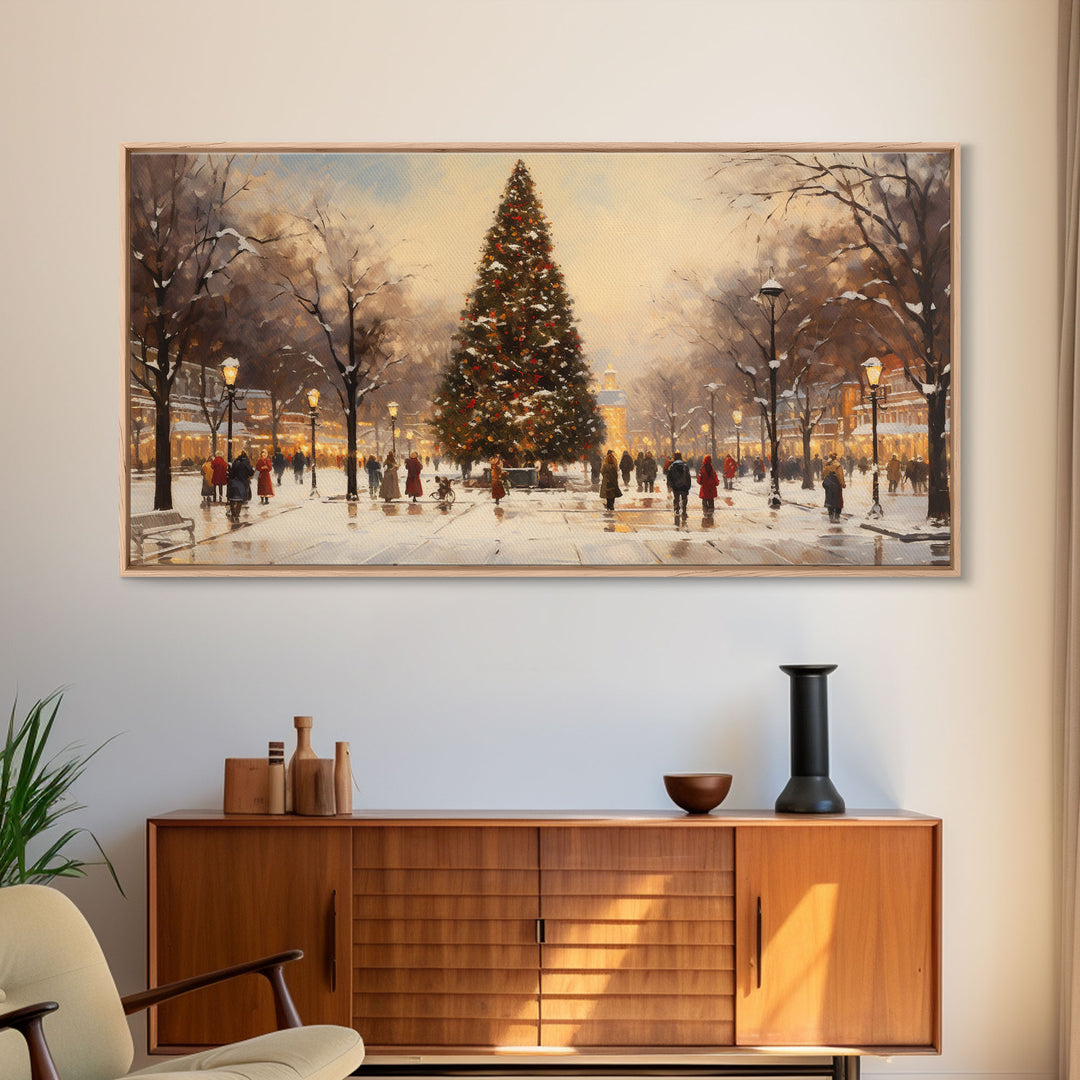 Cute Christmas Village Art, Christmas Decor, Framed Canvas Print, Holiday Painting, Seasonal Decor, Christmas Tree Art Christmas Centerpiece