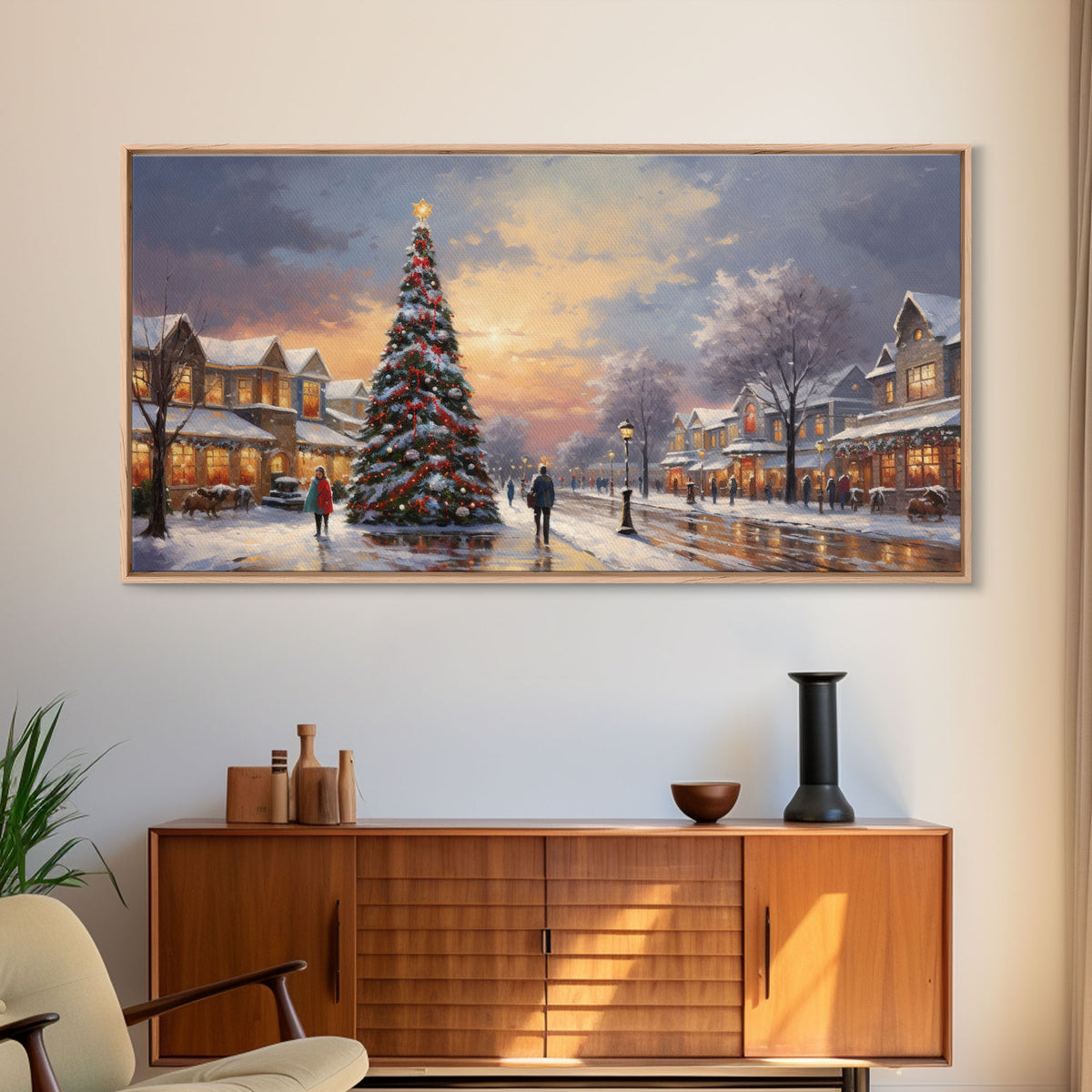 Cute Christmas Decor, Christmas Wall Art, Vintage Winter Wonderland Christmas Village Oil Painting Canvas Print, Framed Wall Art