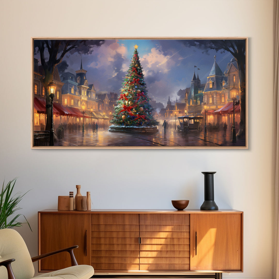 Christmas Decor Handmade, Framed Canvas Print, Beautiful Winter Wonderland Christmas Village, Christmas Tree Art