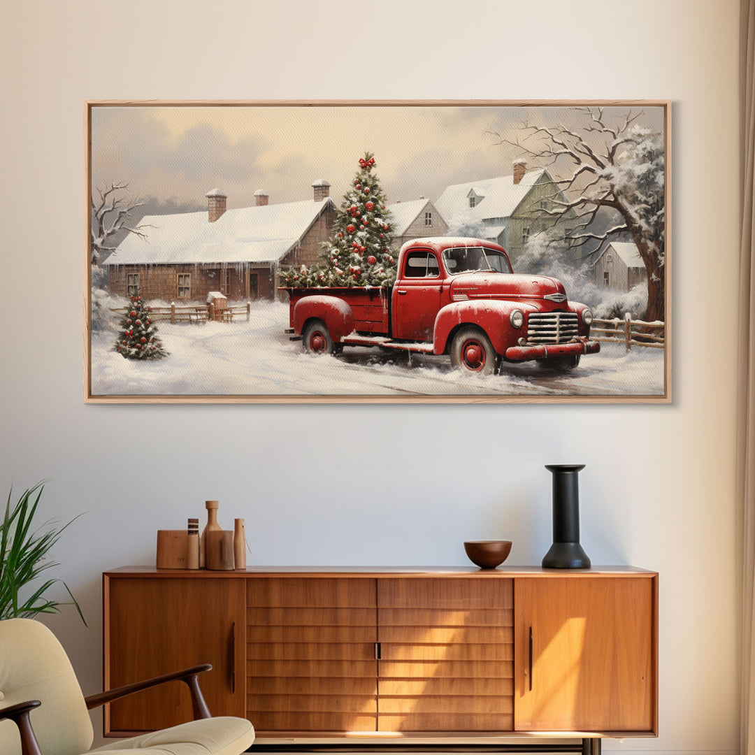 Vintage 1950s Red Truck Delivering Christmas Trees In The Snow - Framed Canvas Print - Farmhouse Christmas Decor - Retro Christmas