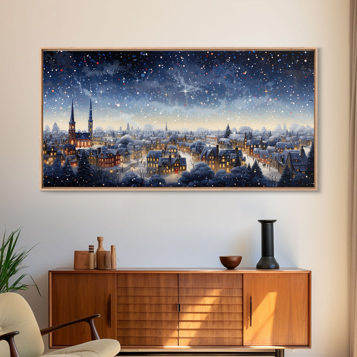 Snowfall Over A Victorian Village - Winter Decor - Christmas Wall Art - Framed Canvas Print - Winter Art Print - Winter Landscape