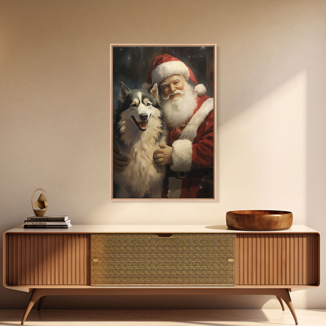Santa Claus Holding An Alaskan Malamute,  Christmas Wall Art, Dog Gift, Christmas Dog, Winter Wall Art, Santa Decor, Santa Art Print