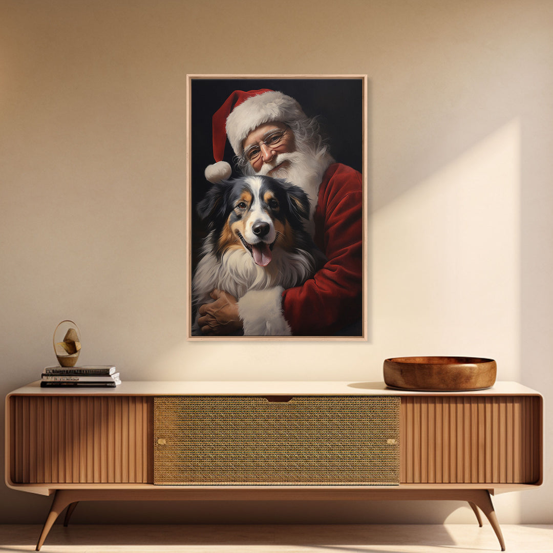 Santa Claus And His Australian Shepherd, Christmas Wall Art, Dog Gift, Christmas Dog, Winter Wall Art, Santa Decor, Santa Art Print