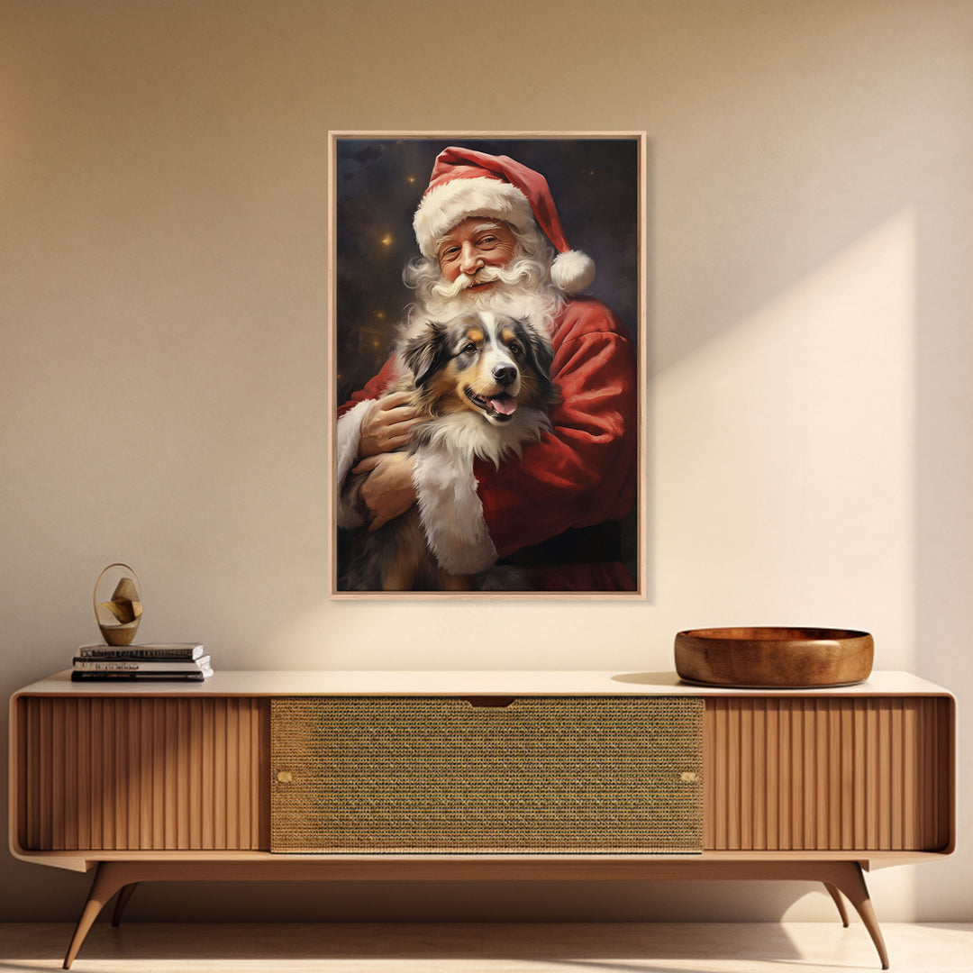 Santa Claus And His Australian Shepherd, Christmas Wall Art, Dog Gift, Christmas Dog, Winter Wall Art, Santa Decor, Santa Art Print