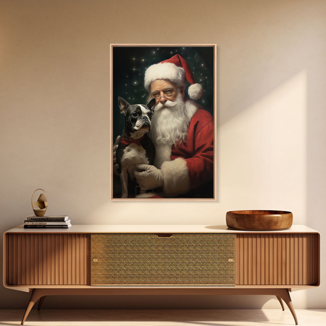 Santa Claus And His Boston Terrier, Christmas Wall Art, Dog Gift, Christmas Dog, Winter Wall Art, Santa Decor, Santa Art Print, Cute Dog