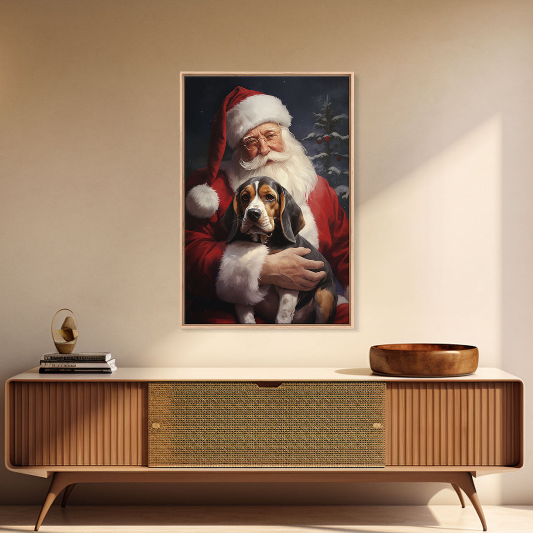 Santa Claus and his Beagle, Cute Dog Art, Framed Canvas Print, Christmas Art, Christmas Decor, Christmas Art Print, Christmas Wall Art
