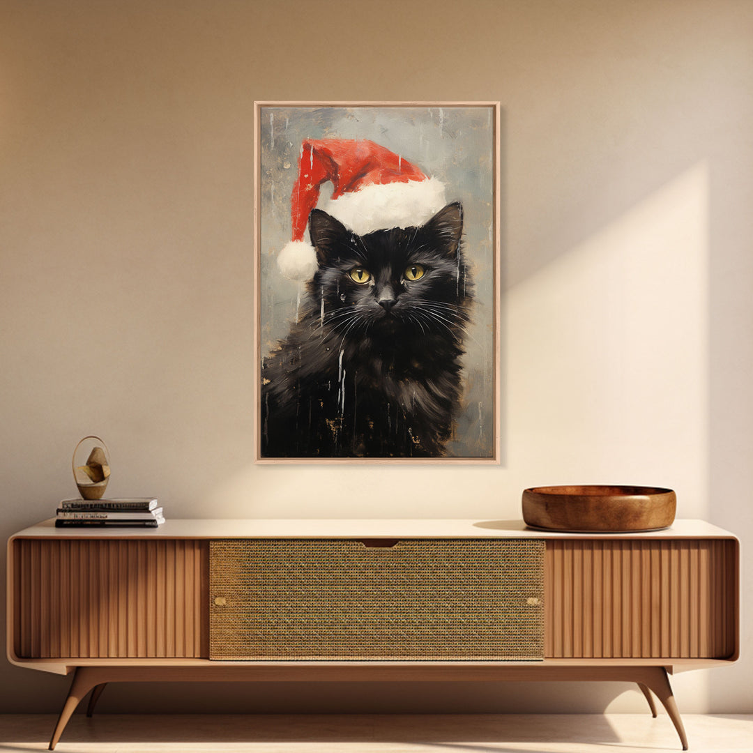 Christmas Cat In A Christmas Hat, Farmhouse Christmas, Farmhouse Decor, Framed Canvas Print, Seasonal Wall Art, Winter Decor, Christmas Art
