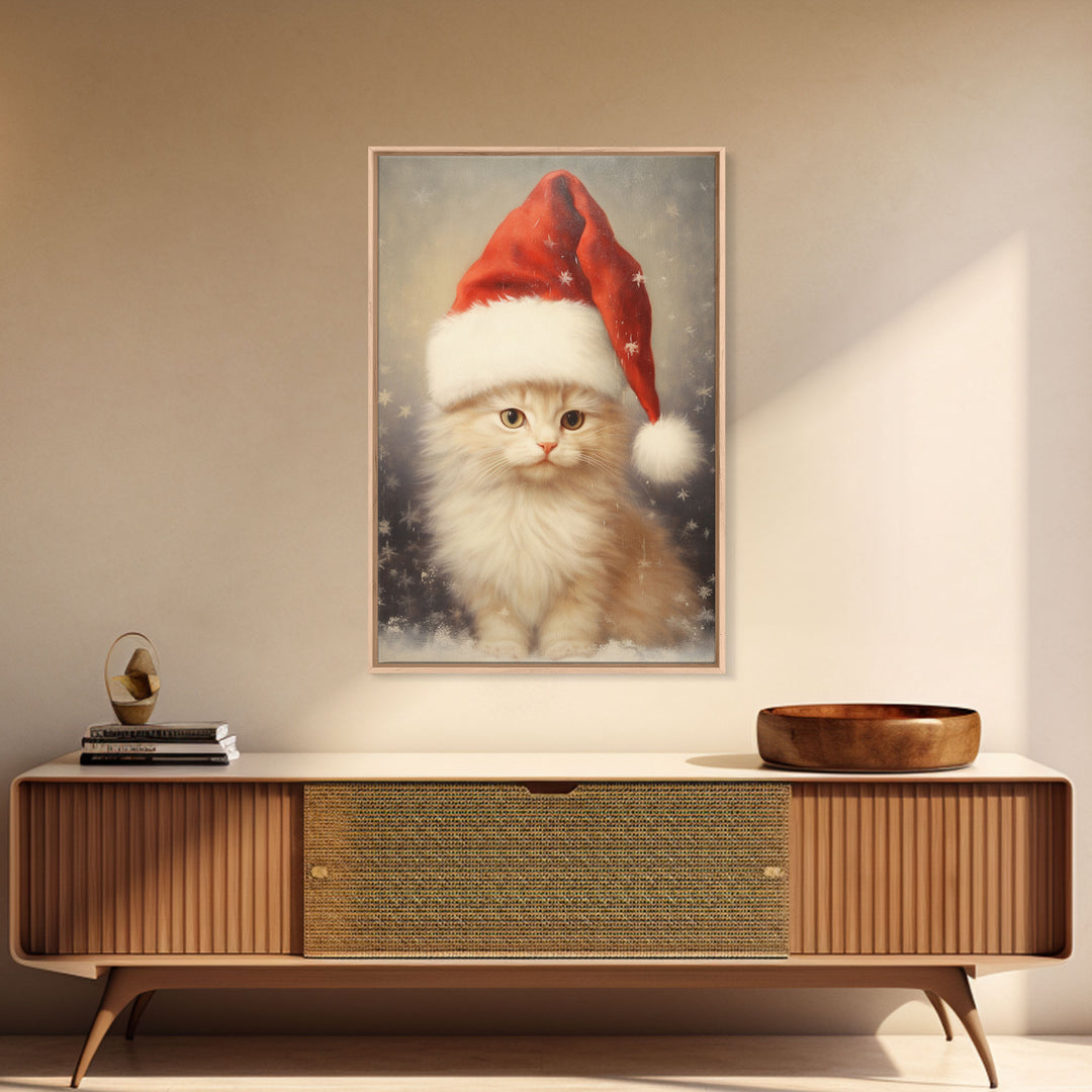 Cute White Kitten In A Christmas Hat, Farmhouse Christmas, Farmhouse Decor, Framed Canvas Print Seasonal Wall Art Winter Decor Christmas Art