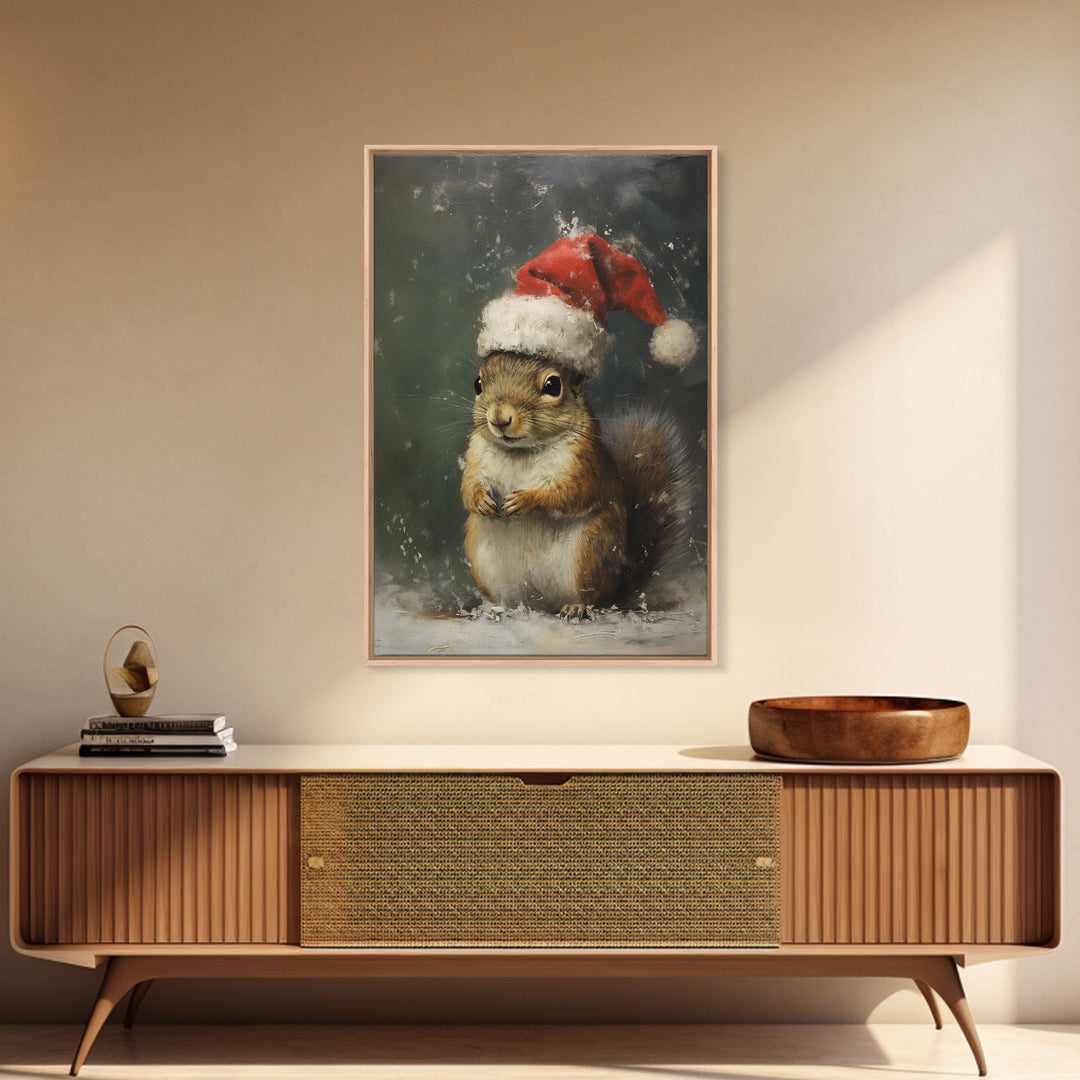 Cute Christmas Squirrel In A Santa Hat, Christmas Art, Christmas Decor, Christmas Wall Art, Farmhouse Christmas, Vintage Christmas Woodland