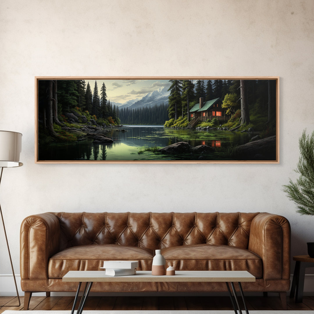 Cozy Cabin on The Lake, Framed Canvas Print, Farmhouse Decor, Landscape Painting, Unique Wall Art