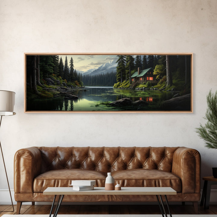 Cozy Cabin on The Lake, Framed Canvas Print, Farmhouse Decor, Landscape Painting, Unique Wall Art