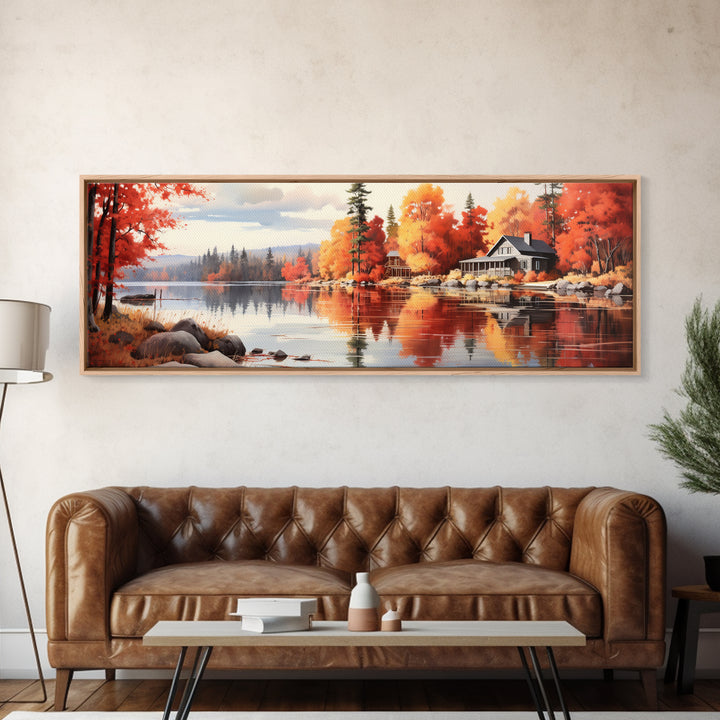 Autumn Cozy Cabin on The Lake, Framed Canvas Print, Farmhouse Decor, Landscape Painting, Unique Wall Art, Fall Decor