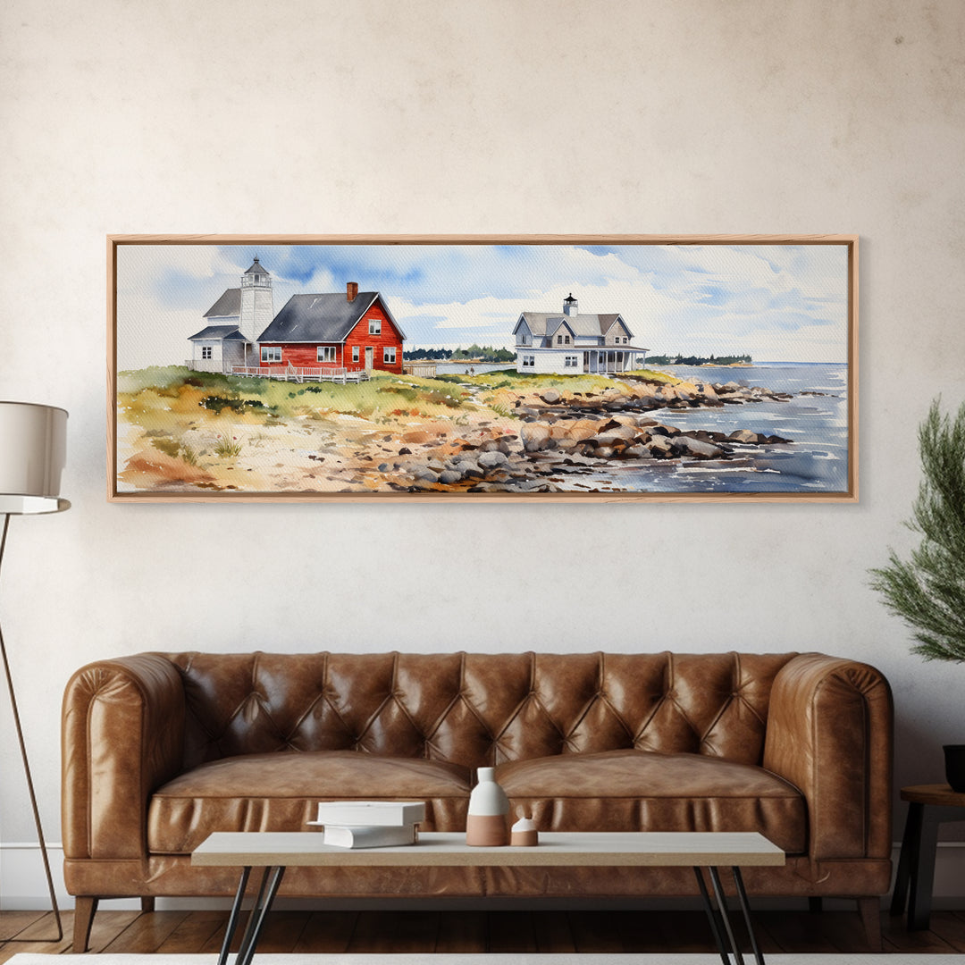 Maine watercolor painting Framed Canvas Print, Maine Seaside Print, Lupine Art Print, Maine Art Print, Lupine Painting, Maine landscape art