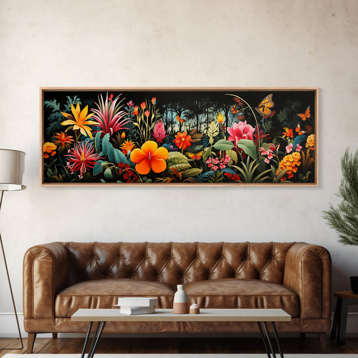 Beautiful Tropical Print "The Jungle" Framed Canvas Print, Panoramic Art, Extra Wide Wall Decor, Living Room Decor