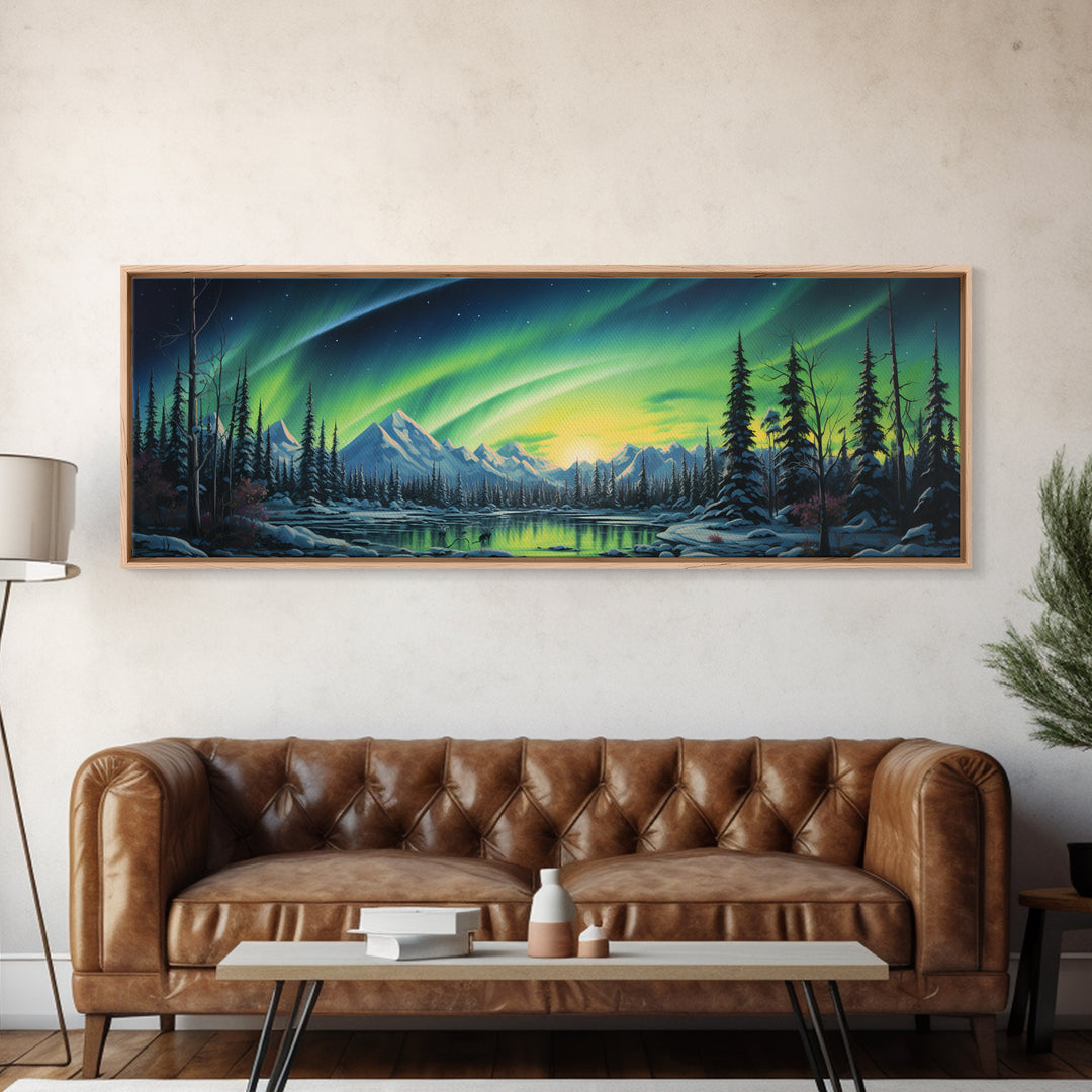 Aurora Borealis, Framed Canvas Print, Beautiful Alaskan Winter Landscape Painting, Moody Art, Unique Wall Art