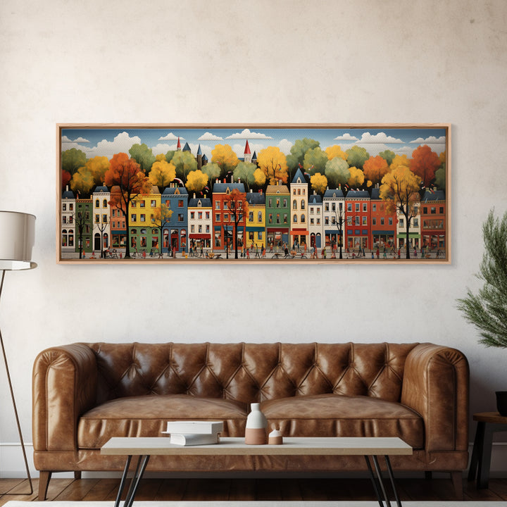 Boston Row Houses - Framed Canvas Print - Colorful Wall Art - Panoramic Print - Boston In The 1800s
