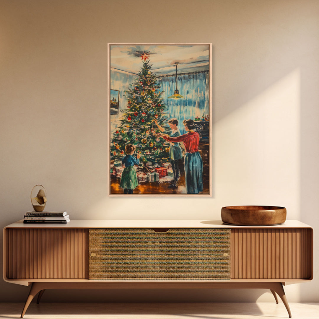 Family Decorating Christmas Tree in Cozy Living Room, Vintage Holiday Scene, Perfect Christmas Wall Decor, Framed Canvas Print