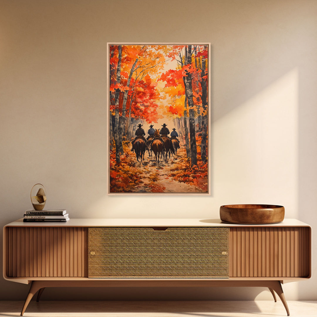 Cowboys Riding Into Town On Thanksgiving, Western Fall Decor, Framed Canvas Print, Autumn Outdoor Decor, Christmas poster