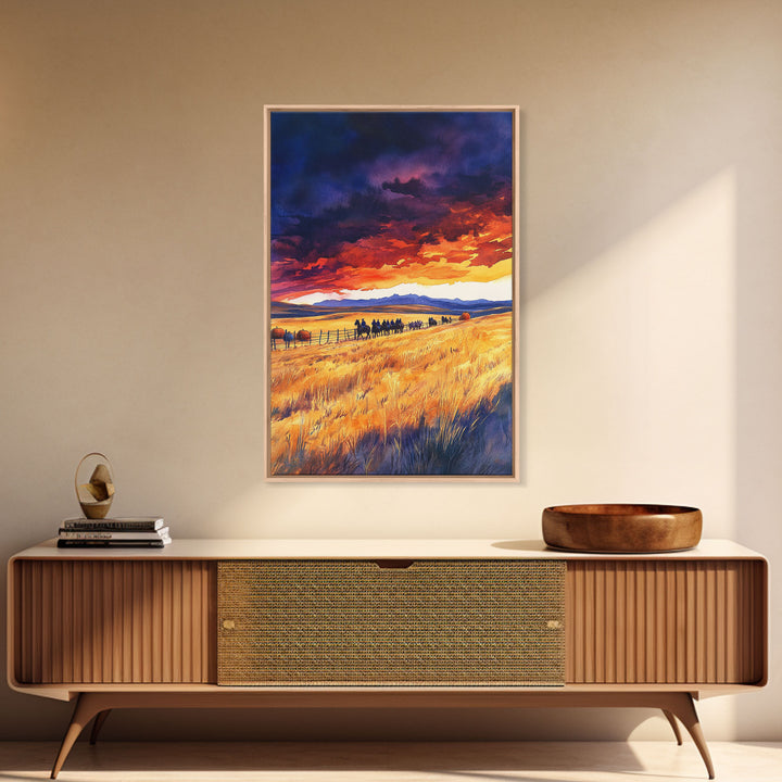 The Cattle Drive At Sunset, Framed Canvas Print, Autumn Decor, Beautiful Sunset Wall Art Painting