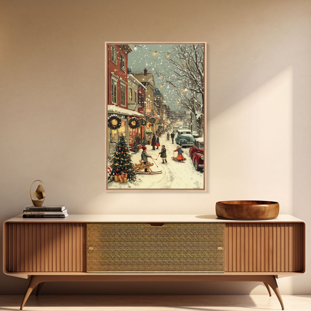 Vintage Christmas Town Scene with Children Playing in Snow, Holiday Street Decor and Wreaths, Framed Canvas Print for Winter Wall Art