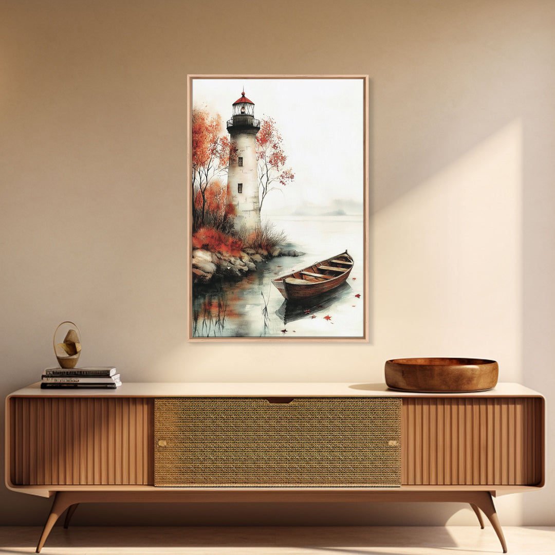 Lighthouse In The Fall, Framed Canvas Print, Fall Decor, Autumn Centerpiece Art, Boho Minimalist Style Wall Art