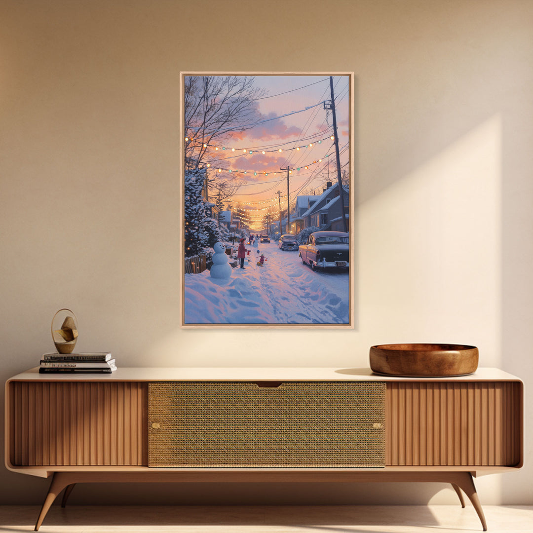 Cozy Neighborhood Christmas Evening with Snowmen and Festive Lights, Perfect for Framed Canvas Print and Holiday Wall Art