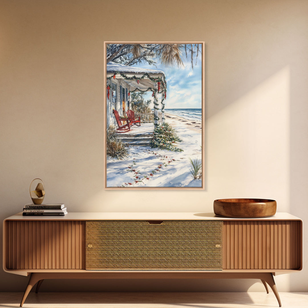 Surf Shack Decorated For Christmas, Tropical Christmas Wall Art, Canvas Print, Framed Wall Art, Christmas Vintage, Christmas Vacation Art