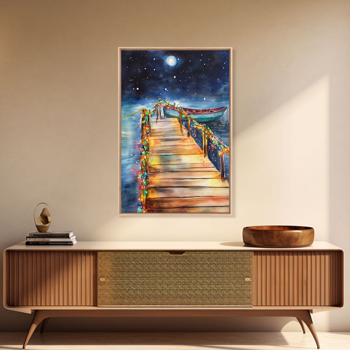 Lakeside Dock Decorated For Christmas, Nautical Christmas Wall Art Canvas Print, Farmhouse Christmas, Lake House Christmas Art