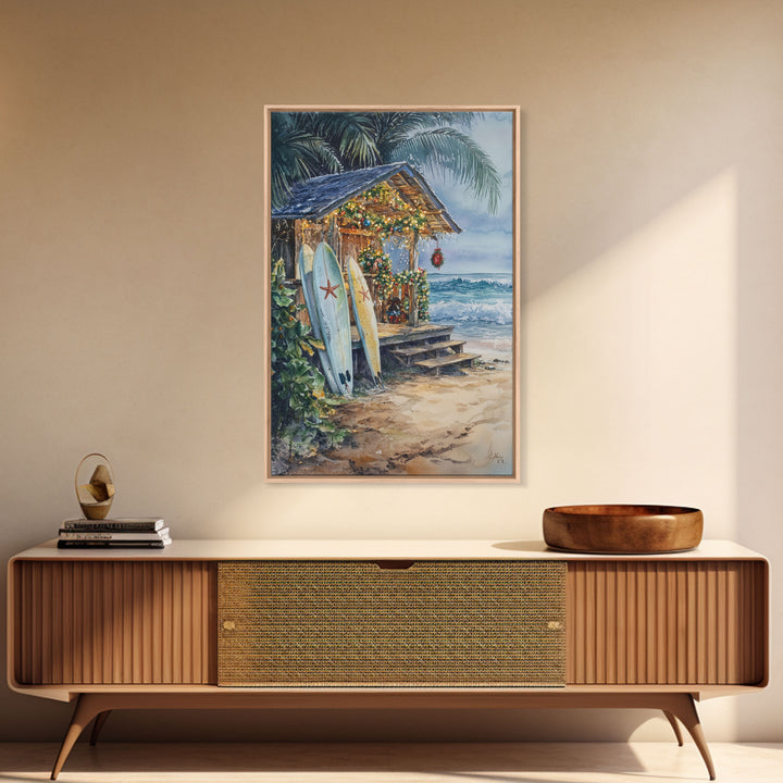 The Surf Shack at Christmas, Surfboard Art, Surfer Christmas Wall Decor, Framed Canvas Print, Cute Christmas Wall Art / Gift Idea