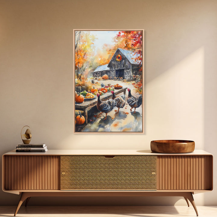 Painting Of A Barn In The Fall, Framed Canvas Print, Thanksgiving Decor, Turkey Painting, Turkey Art