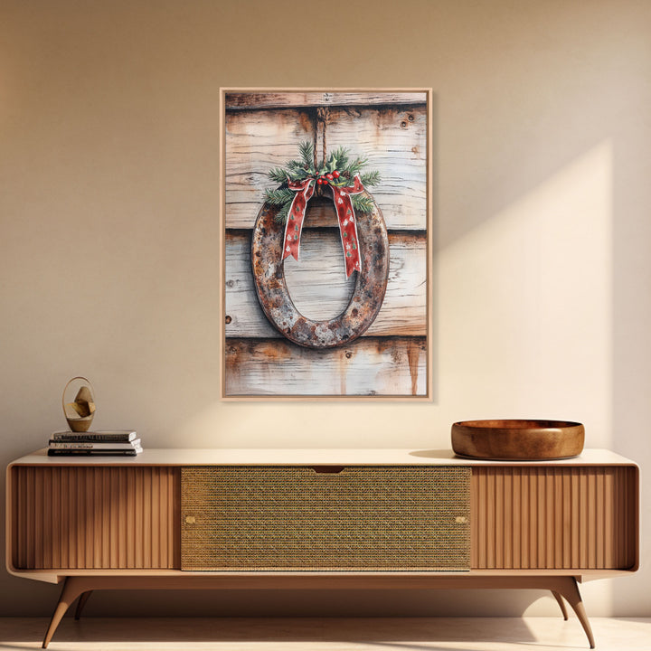 Christmas Horseshoe Framed Canvas Print, Horse Shoe With Mistletoe, Wood Framed Christmas Art, Western Decor, Boho Christmas, Minimalist