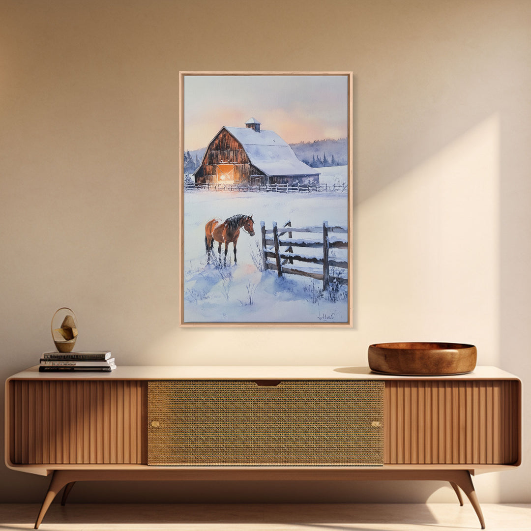 Christmas On The Farm, Winter Wall Art Framed Canvas Print, Gift Idea, Seasonal Decor, Barn Painting, Farmhouse Art