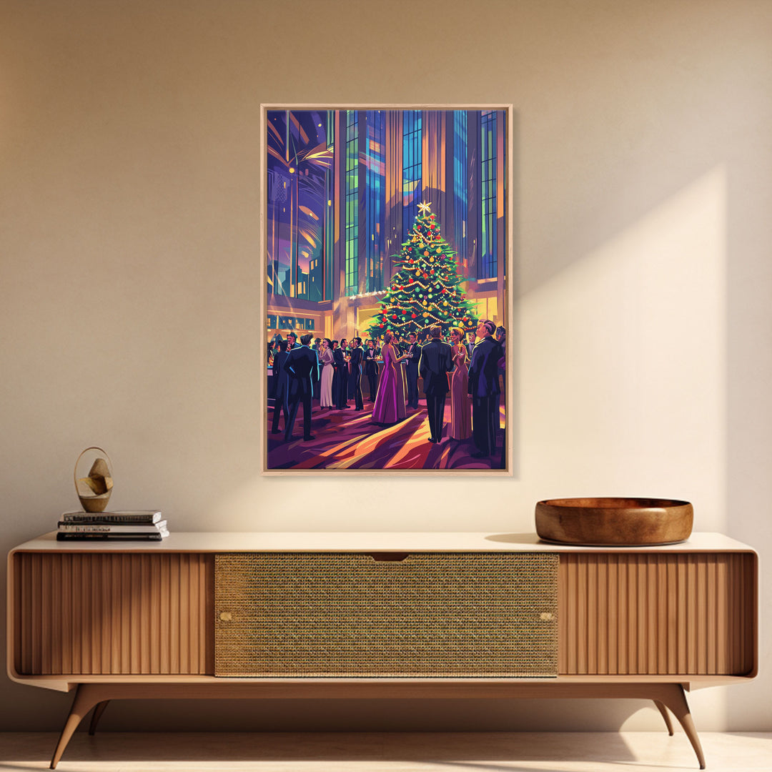 Elegant Christmas Ball Scene with Large Decorated Tree and Holiday Party, Perfect for Framed Canvas Print and Christmas Wall Art