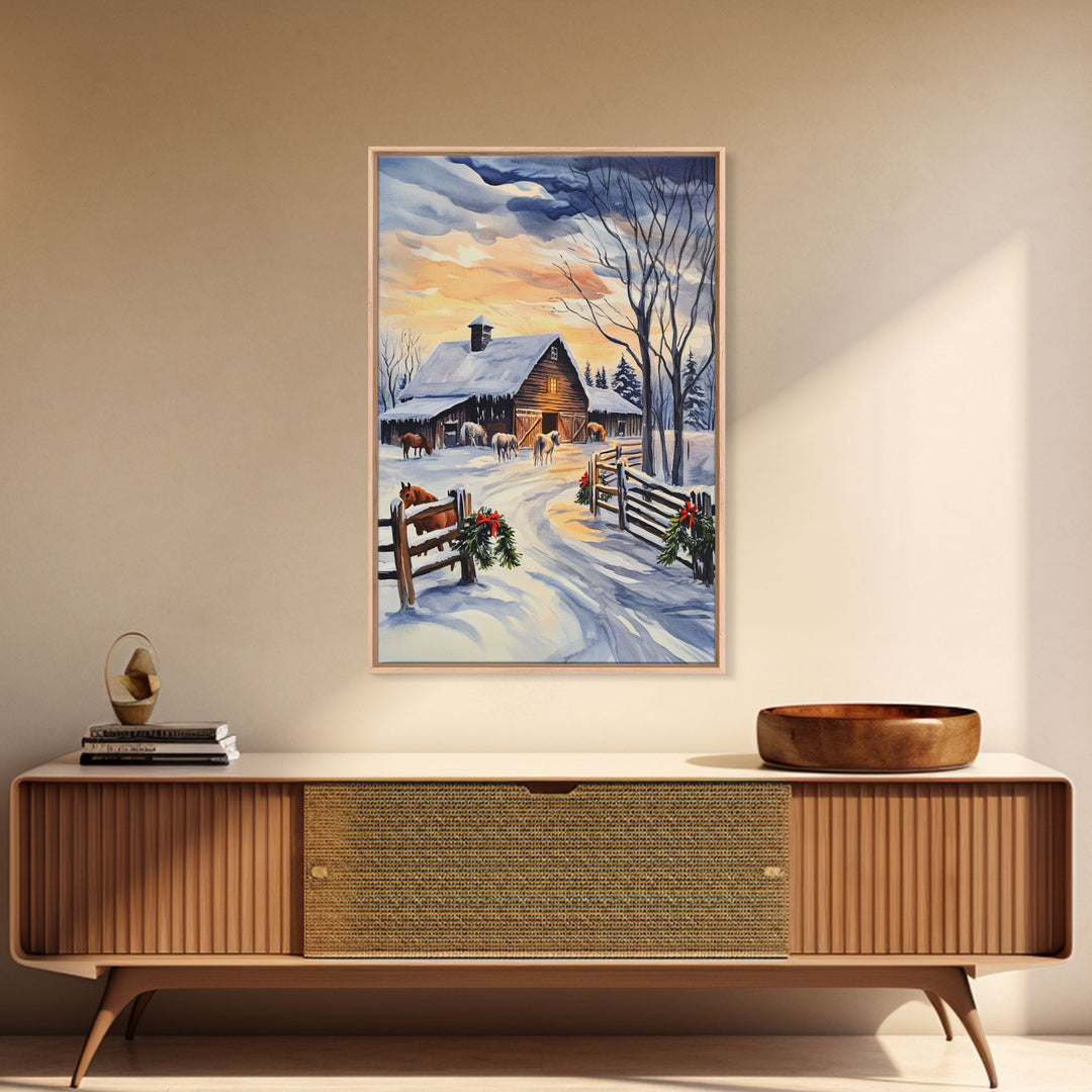 Christmas On The Farm, Winter Wall Art Framed Canvas Print, Gift Idea, Seasonal Decor, Barn Painting, Farmhouse Art