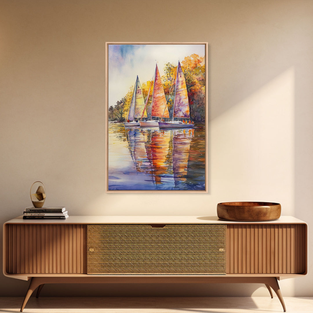 Colorful Sailboats Reflected On Water Framed Canvas Print Fall Nautical Wall Art Coastal Decor Best Gift Idea Holiday Wall Art