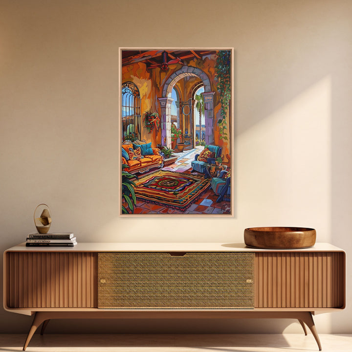 Mediterranean Lounge With Mountain View Framed Canvas Print Spanish Style Patio Wall Art Home Decor Best Gift Seasonal Above Sofa Art